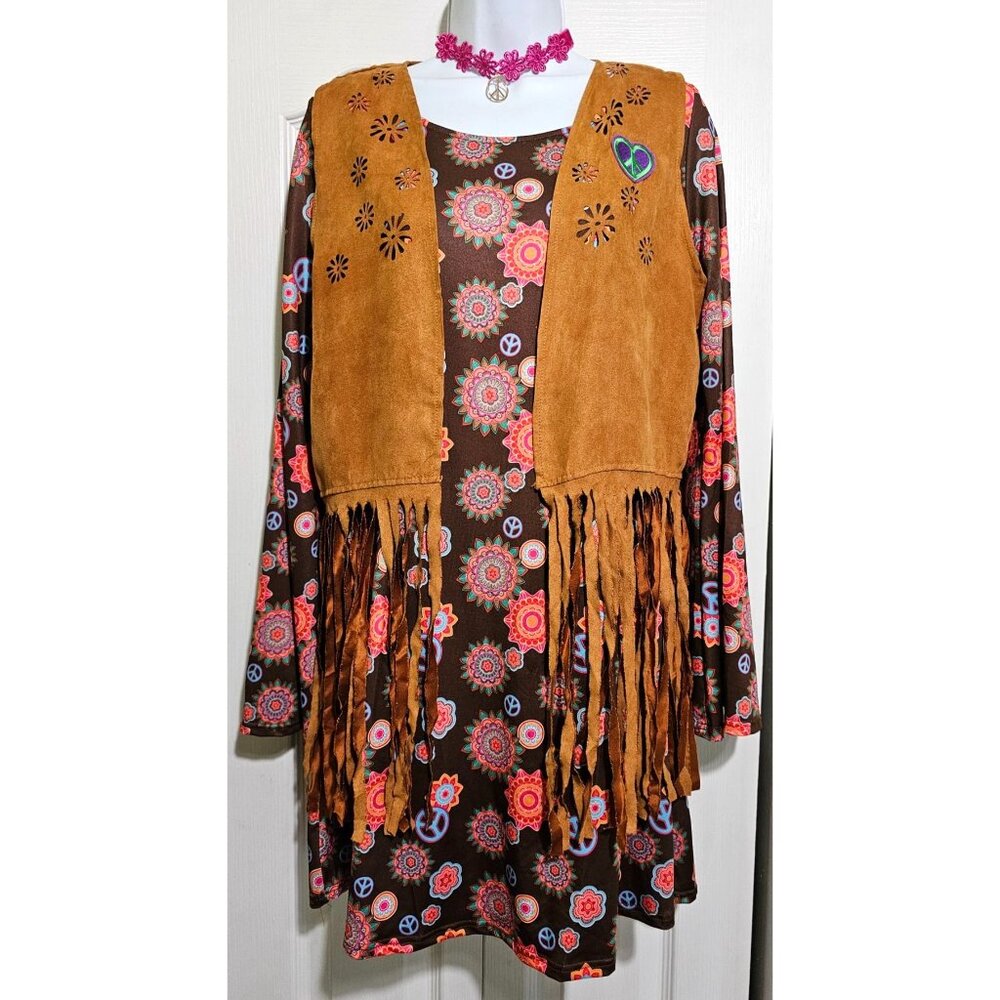 Hippie Costume Groovy 60s 70s Flower Power Crown Dress Vest Hippy Psychedelic - Picture 3 of 8
